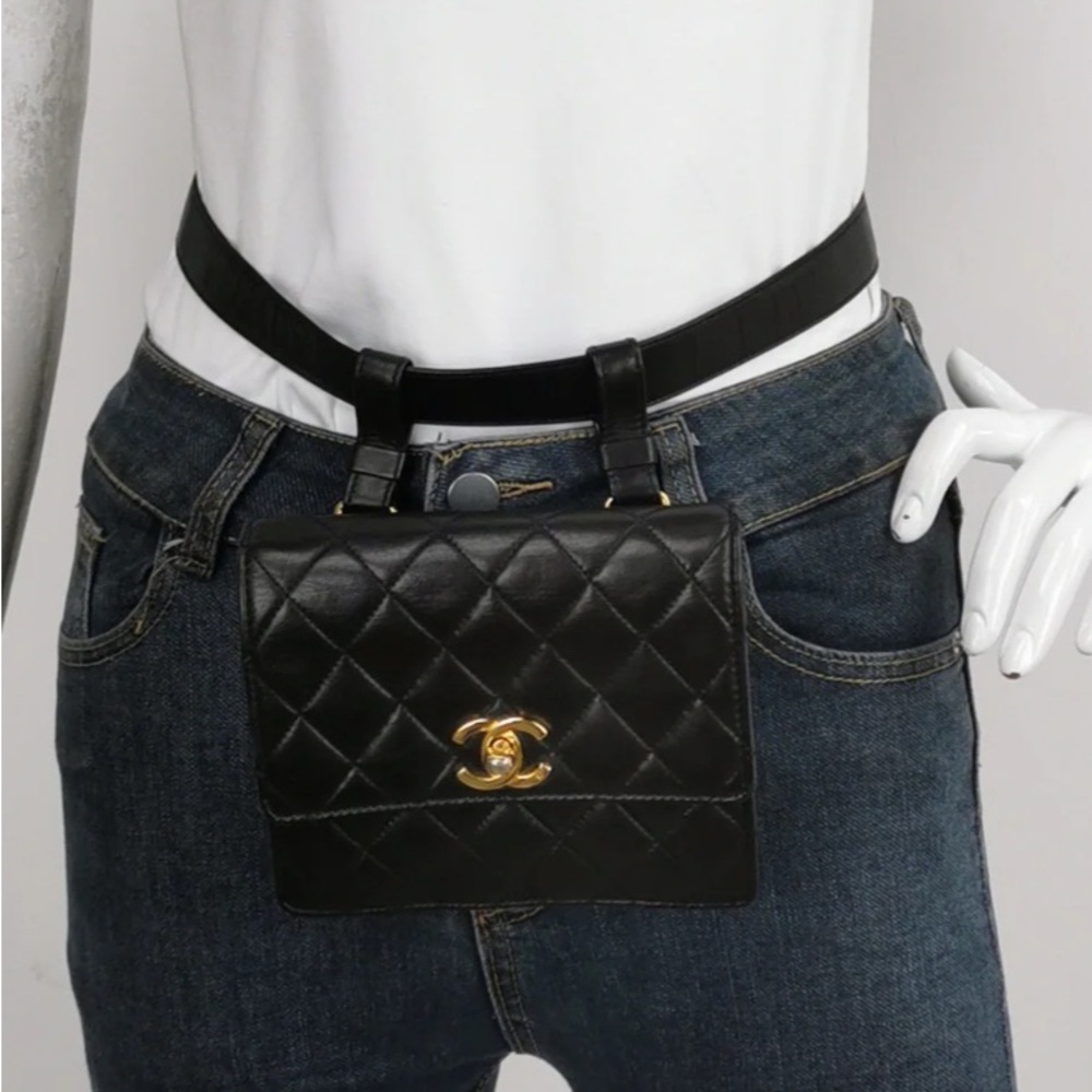 💎💯Authentic CHANEL Vintage Belt Bag Mini Black Lambskin Leather 24k GP - Picture 4 of 7